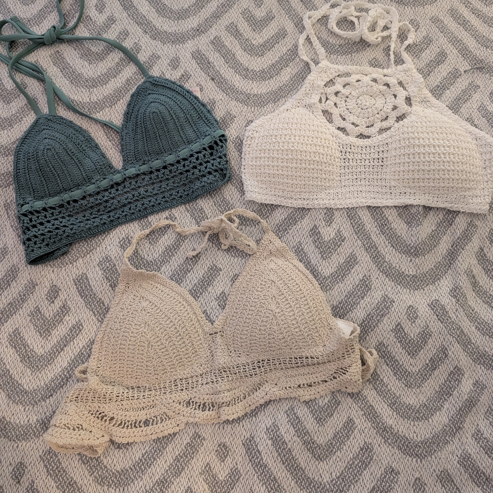 ☀️SOLD☀️ Crochet Bikini Tops in Green, White, and Cream